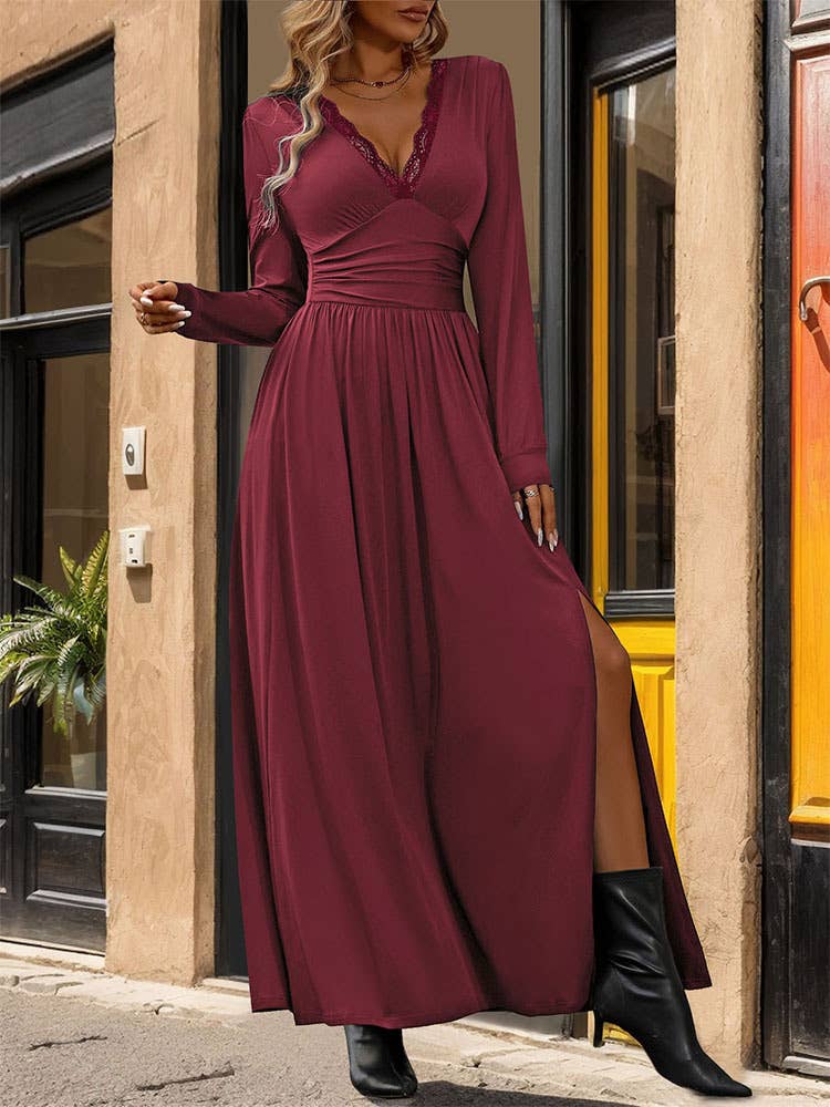 DEEP V-NECK SOLID SLIT LONG SLEEVE WAIST DRESS