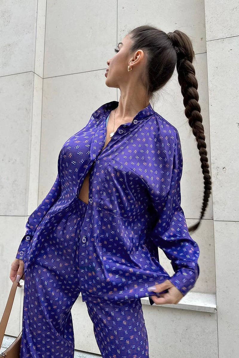 CWSPJ0329_SATIN PRINTED SHIRT PAJAMAS TWO-PIECE SET