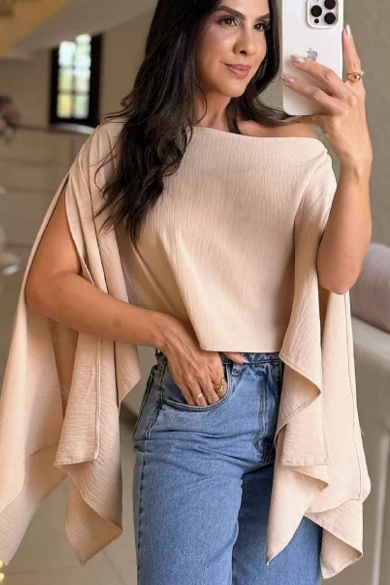 CWTBLSL0898_OFF SHOULDER LOOSE BATWING SLEEVE SOLID TOP