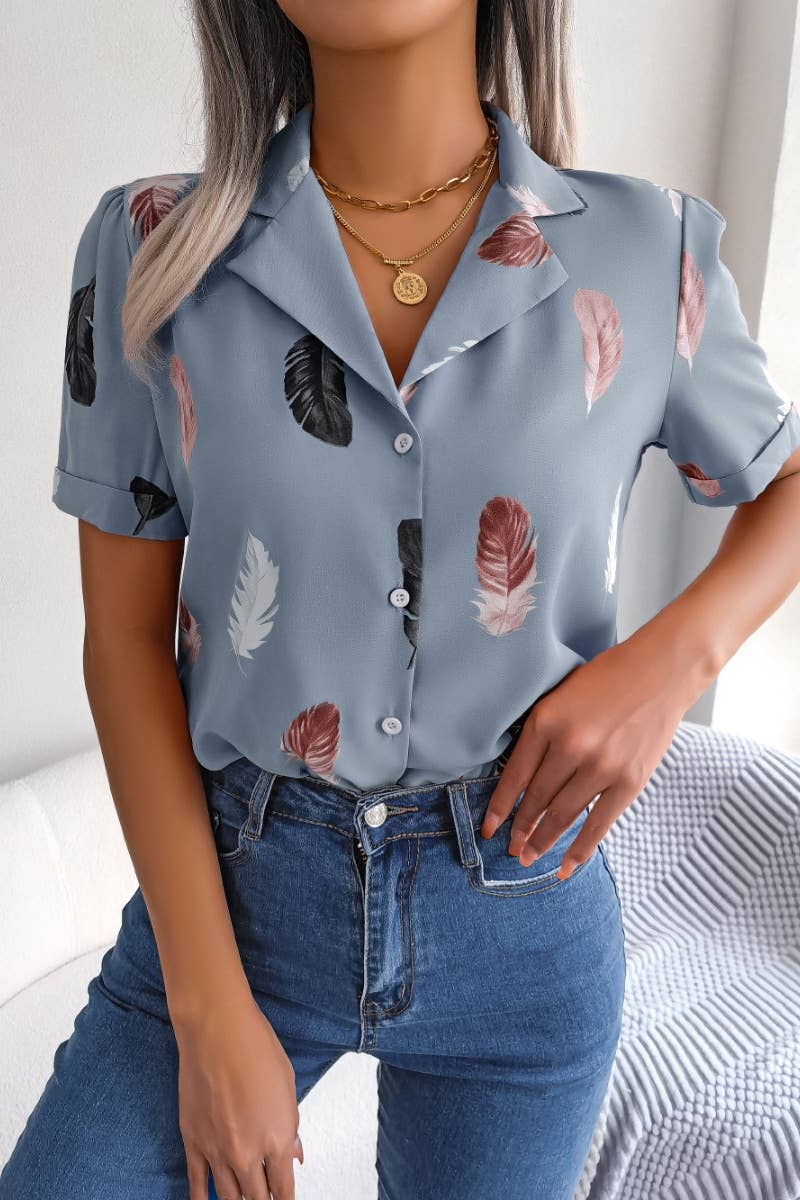 CWTDSS0051_SUIT COLLAR FEATHER LOOSE SHORT-SLEEVED SHIRT