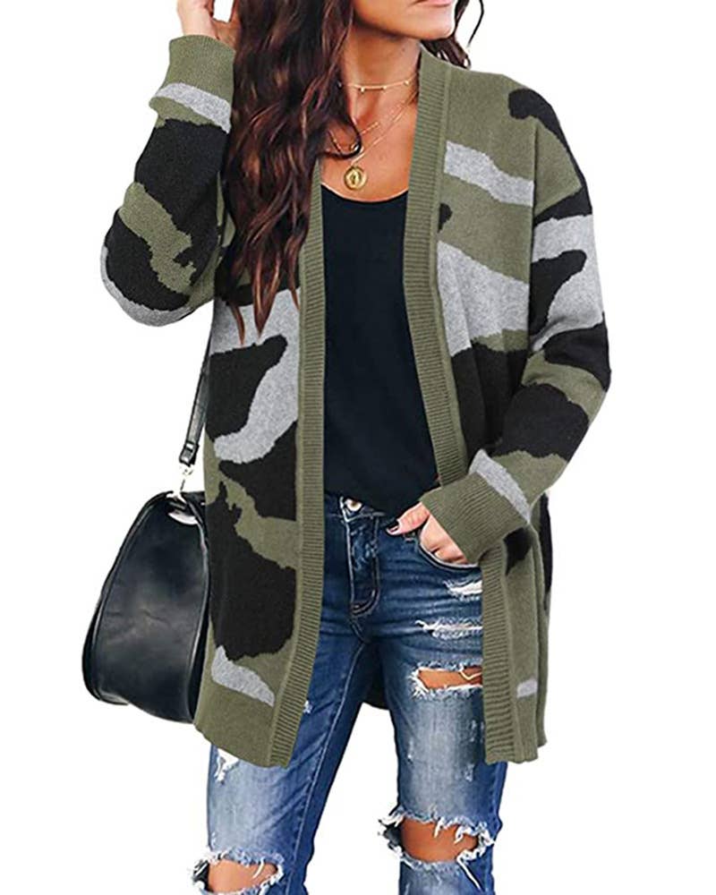 CAMOUFLAGE PRINT MID-LENGTH UNBUTTONED CARDIGAN