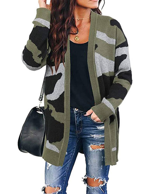 CAMOUFLAGE PRINT MID-LENGTH UNBUTTONED CARDIGAN