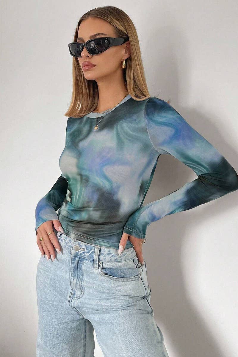 CWTBLL3522_PRINTED CREW NECK MESH LONG SLEEVE TOP