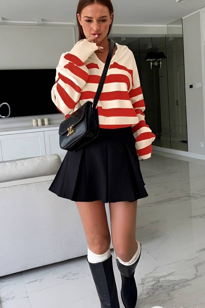 CWOSWL6954_COLORBLOCK STRIPED COLLARED KNIT PULLOVER SWEATER