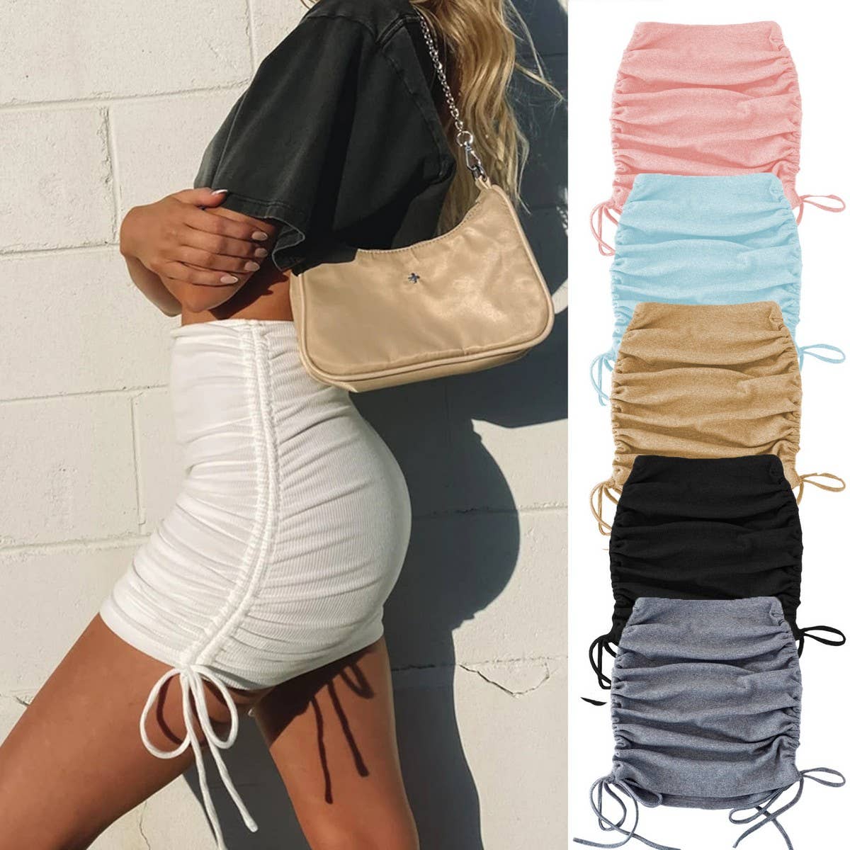 KNITTED SIDE DRAWSTRING STRETCH PLEATED SKIRT