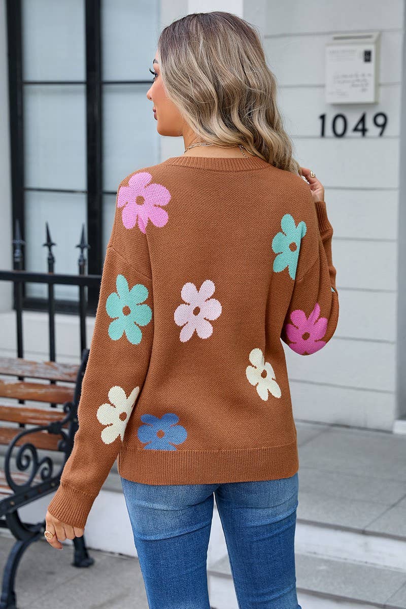 CWOSWL3074_FLORAL COLORBLOCK CASUAL CREWNECK SWEATER