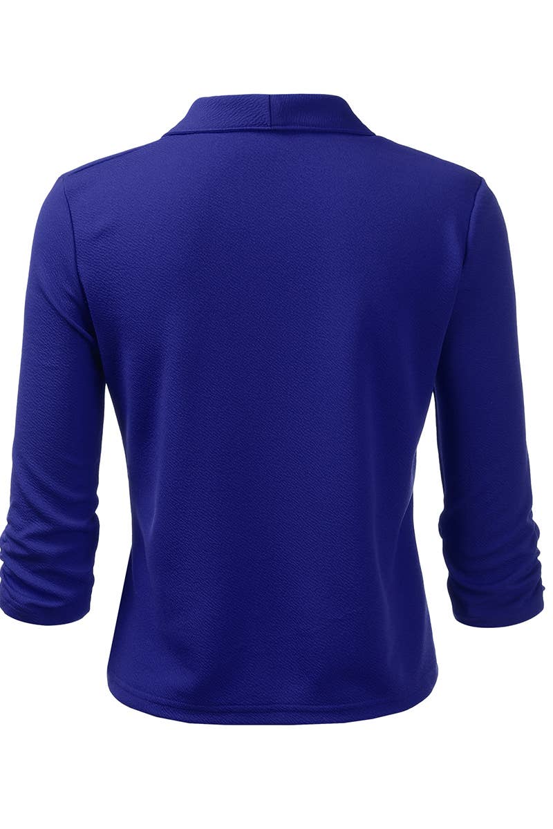 CWOBL091_Casual Work Ruched 3/4 Slv Open Front Blazer Jacket