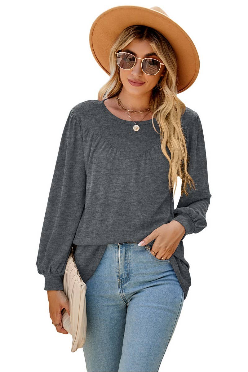 CWTBLL3690_LOOSE CREW NECK CASUAL PLEATED TOP
