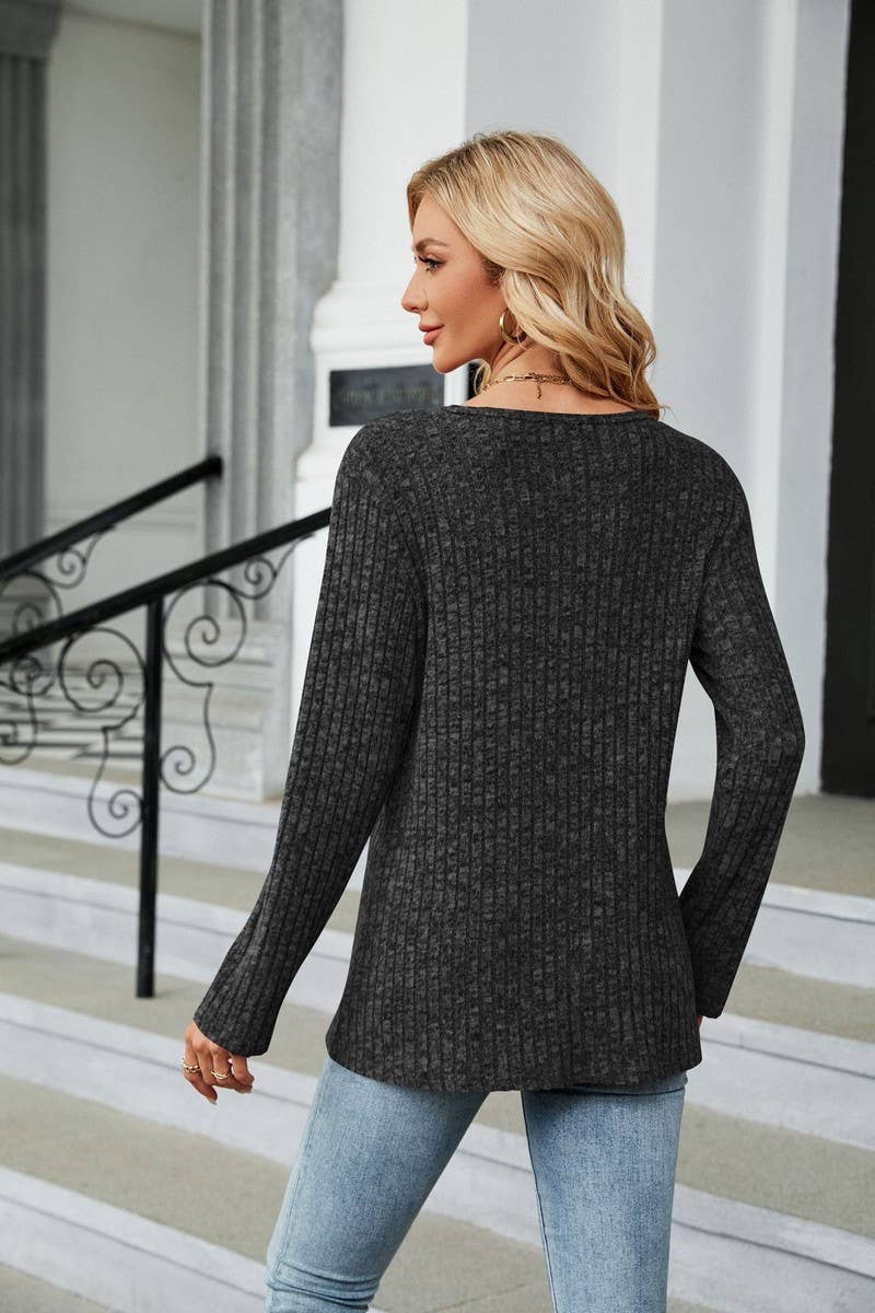 CWTBLL2408_ROUND NECK BUTTON SLIT LOOSE LONG SLEEVE TOP