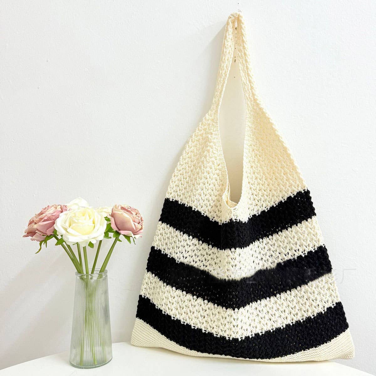 CUAB00629_2025 STRIPED WOVEN TOTE BAG LARGE CAPACITY SHOULDE