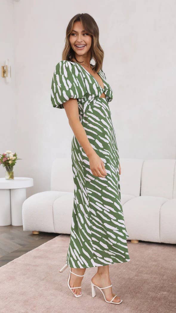 Elegant puffed sleeve irregular printed dress