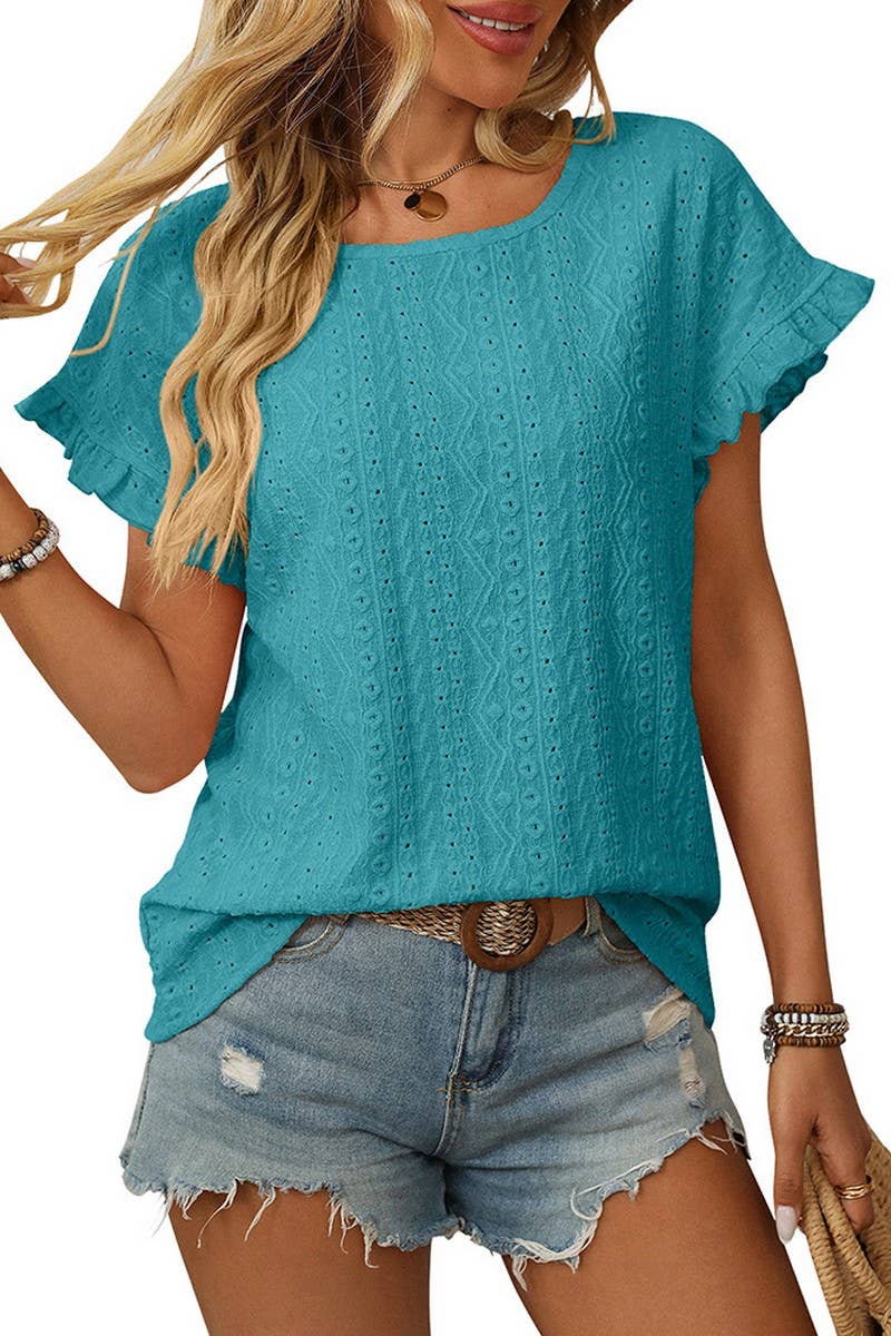 CWTBLS1710_SOLID COLOR ROUND NECK SHORT SLEEVE HOLLOW TOP