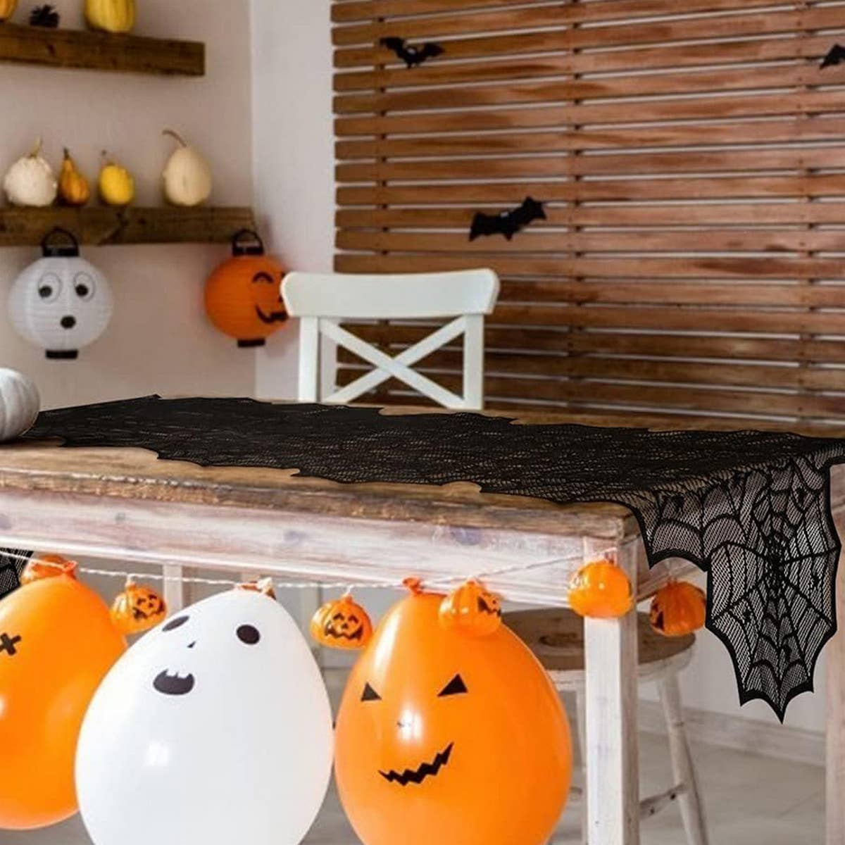 HALLOWEEN BLACK HORROR SPIDER WEB TABLE RUNNER