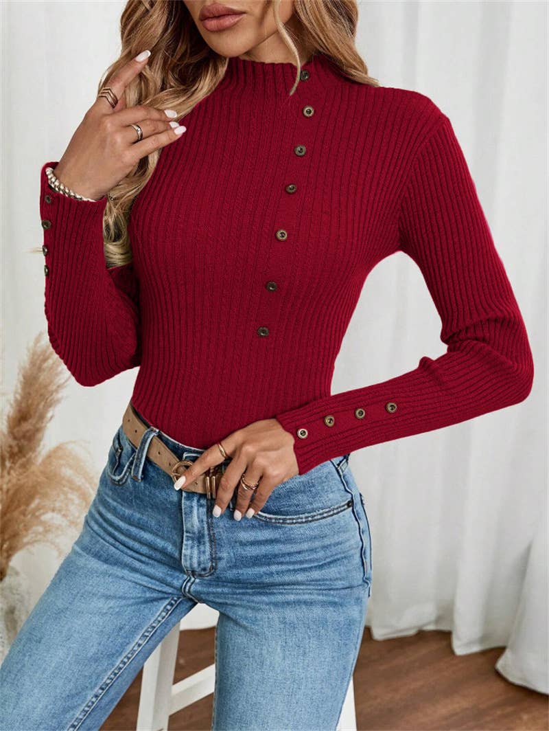 Button long-sleeved knitted base layer top