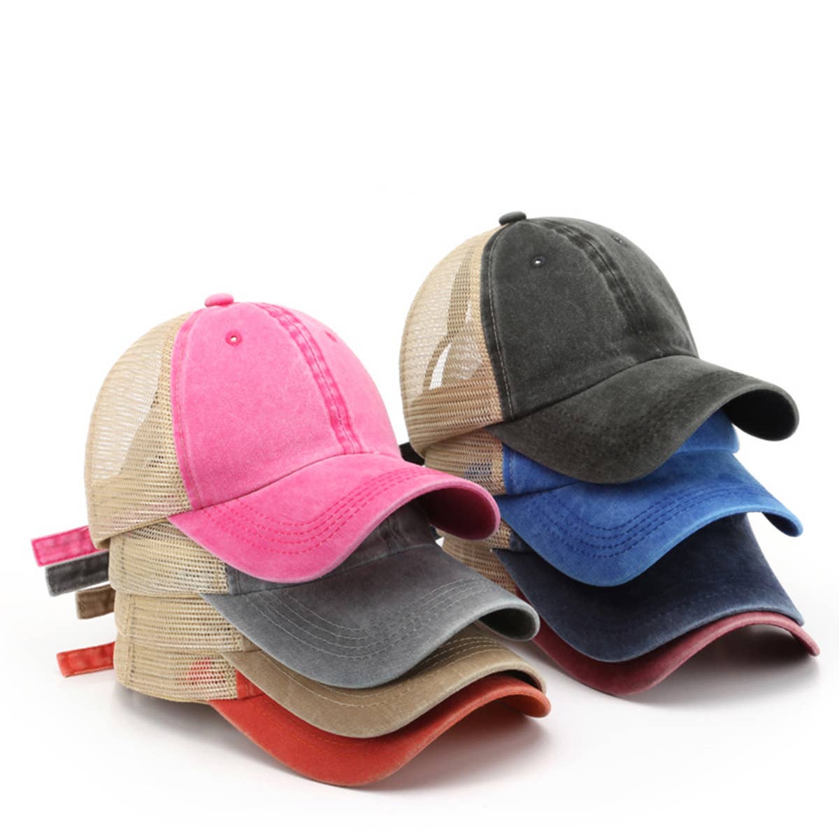 Washed Cotton Denim Mesh Cap Breathable Sun Hat_CWAH1281