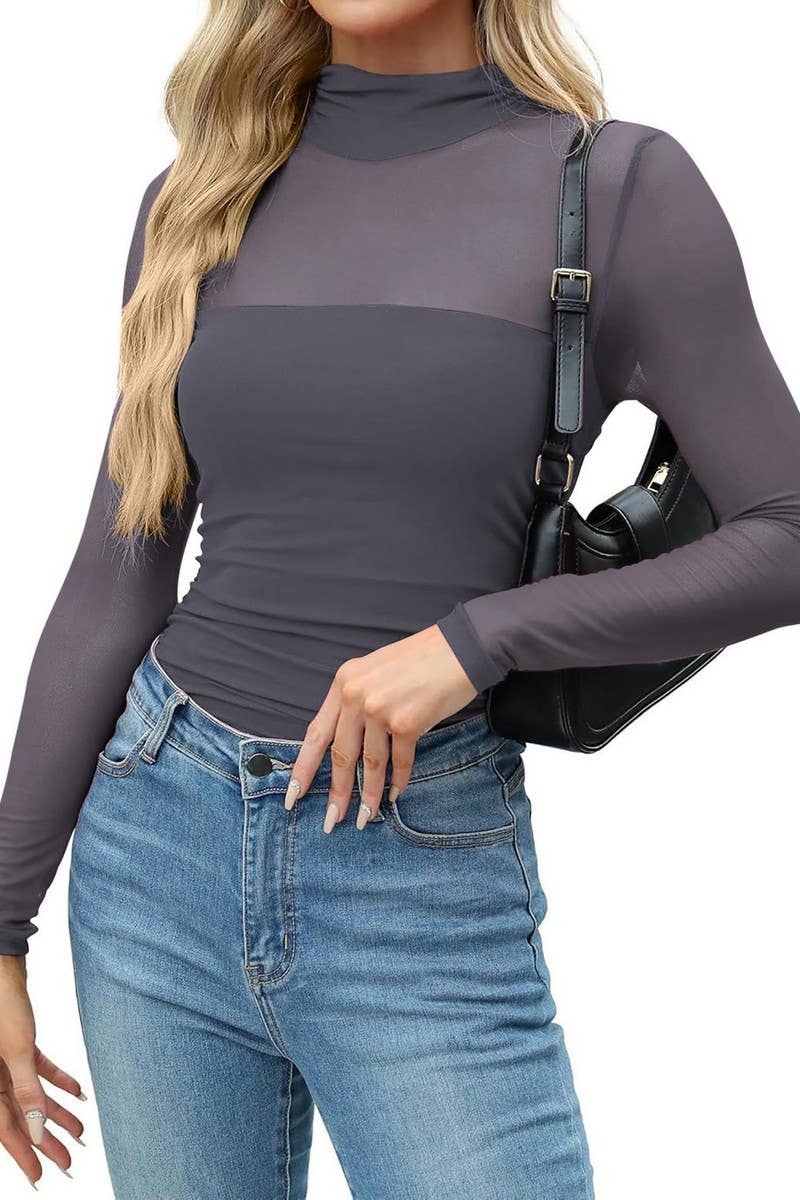 CWTTL2005_WOMEN'S HALF TURTLENECK SEE-THROUGH SEXY T-SHIRT