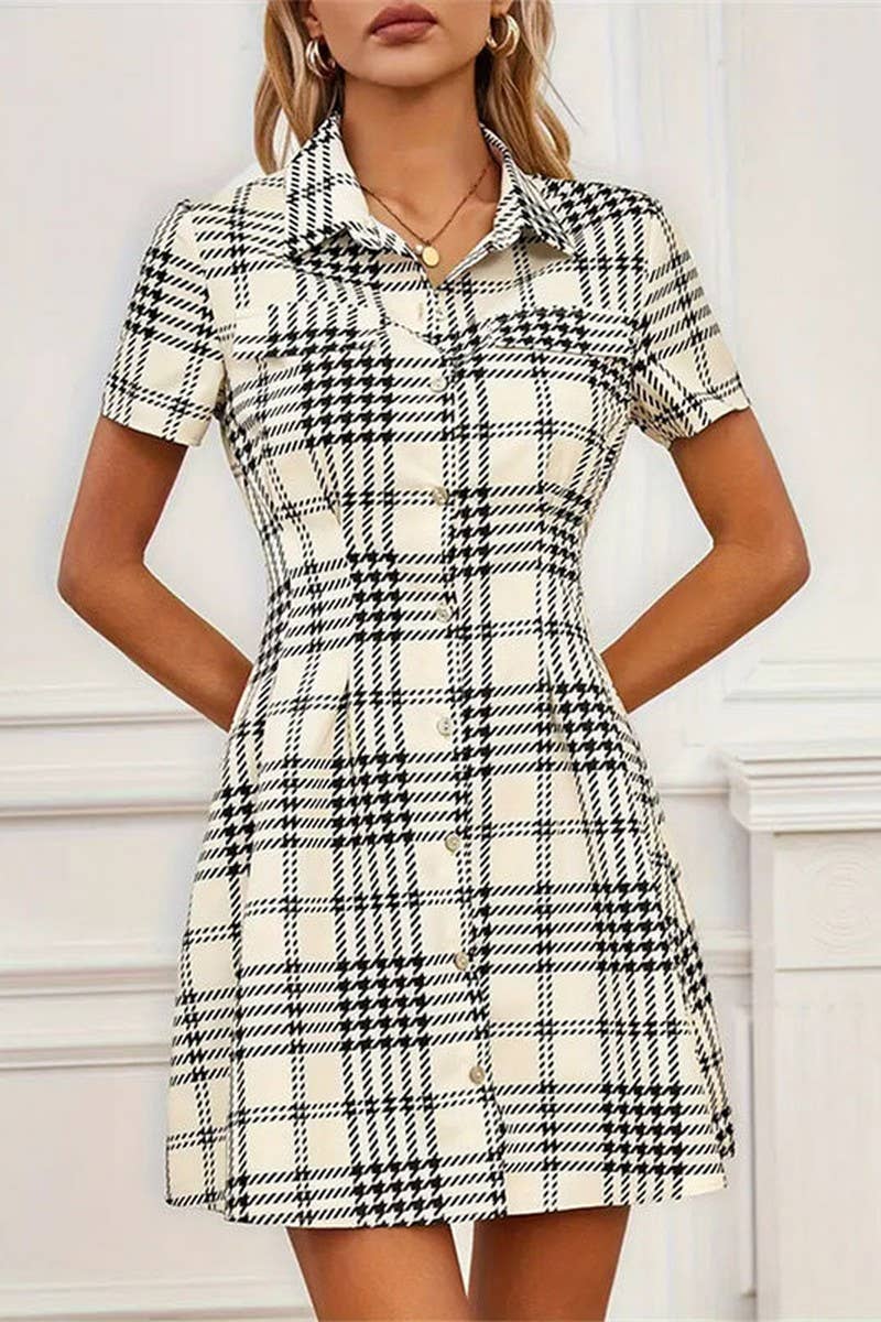 CWDSD7655_SPRING AND SUMMER HOUNDSTOOTH SHORT SHIRT DRESS