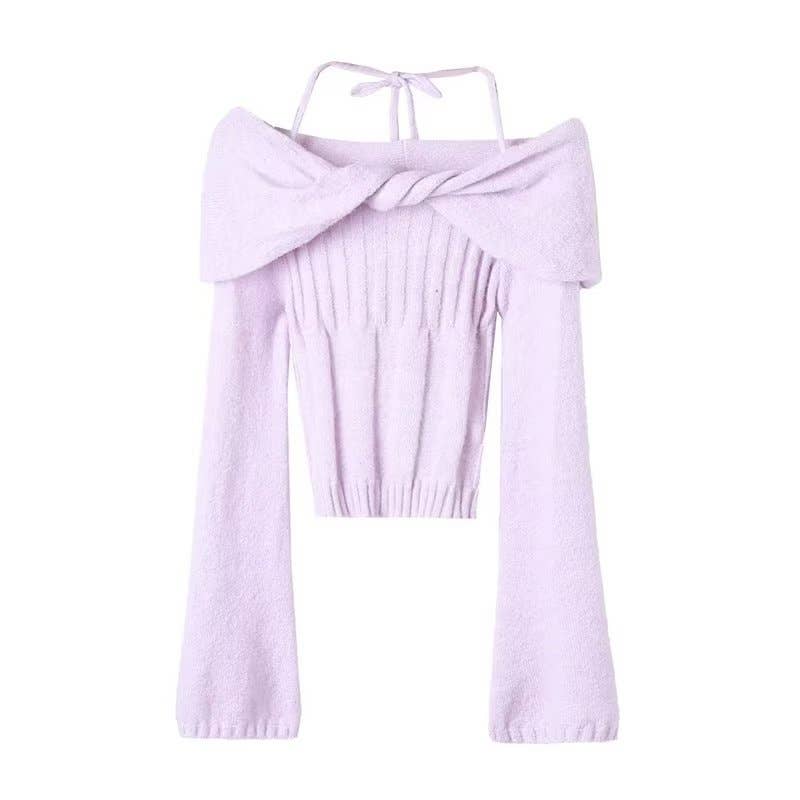 DESIGN ONE-LINE SHOULDER TWIST HALTER KNITWEAR