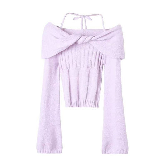 DESIGN ONE-LINE SHOULDER TWIST HALTER KNITWEAR