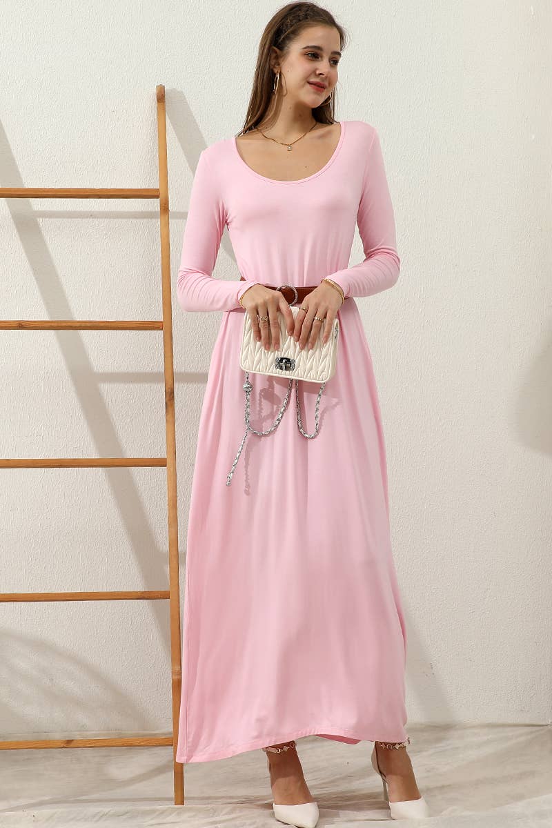 CWDMD799_R NECK LOOSE FIT MAXI DRESS WITH SIDE POCKETS