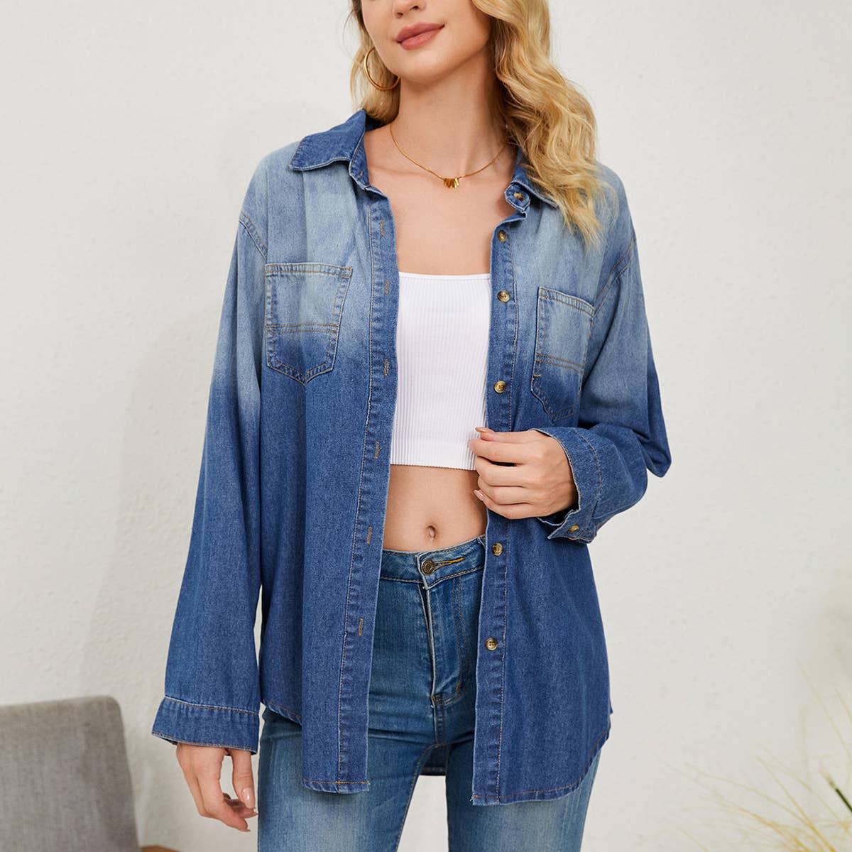 CASUAL LAPEL GRADIENT SINGLE-BREASTED DENIM SHIRT