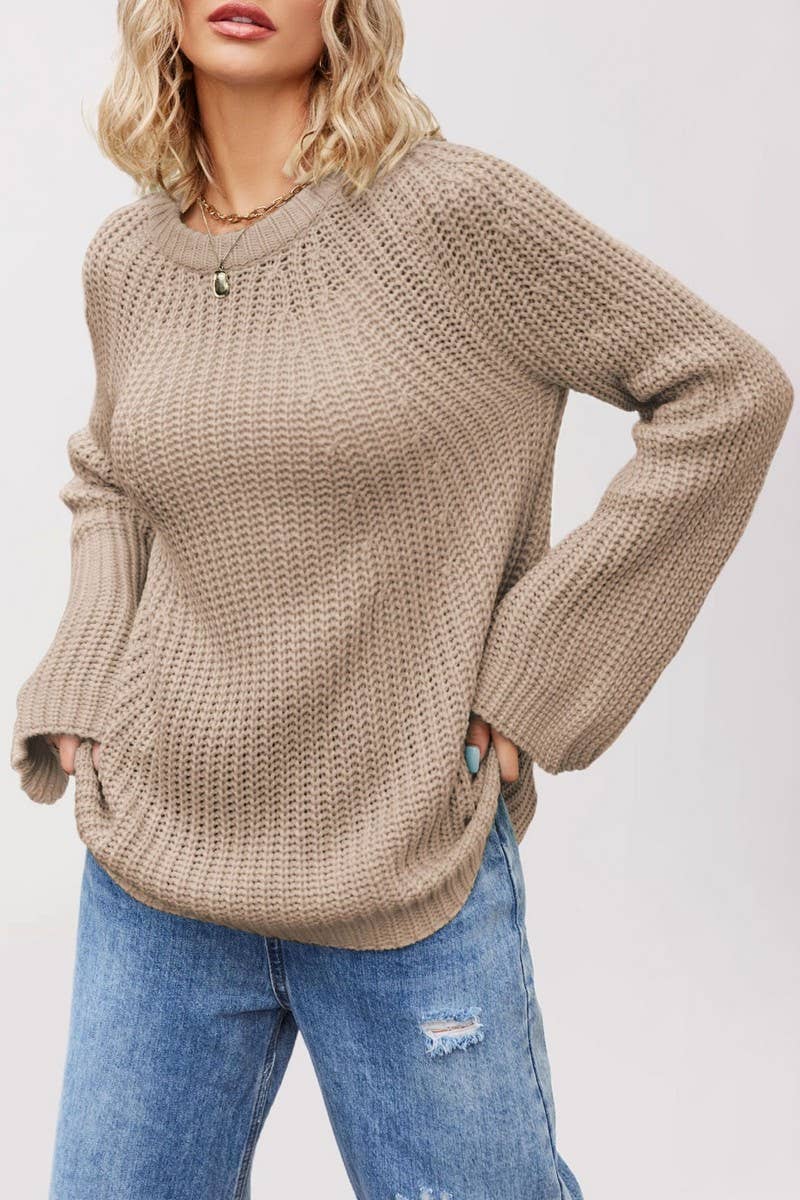 CWOSWL6853_ROUND NECK TRUMPET SLEEVE SOLID COLOR SWEATER