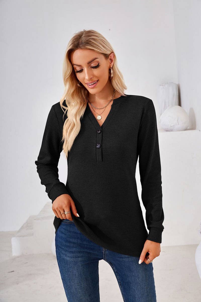CWTBLL01312_V NECK BUTTON SOLID LONG SLEEVE LOOSE TEE