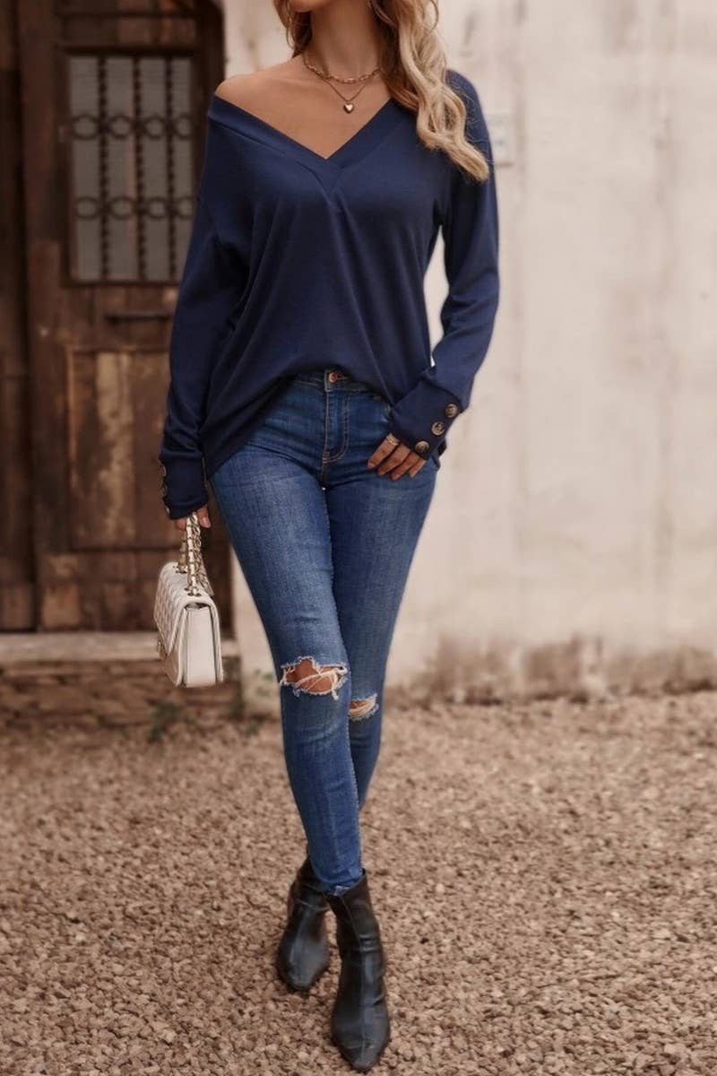 CWTBLL4000_SOLID V-NECK BUTTON LONG SLEEVE LOOSE TEE