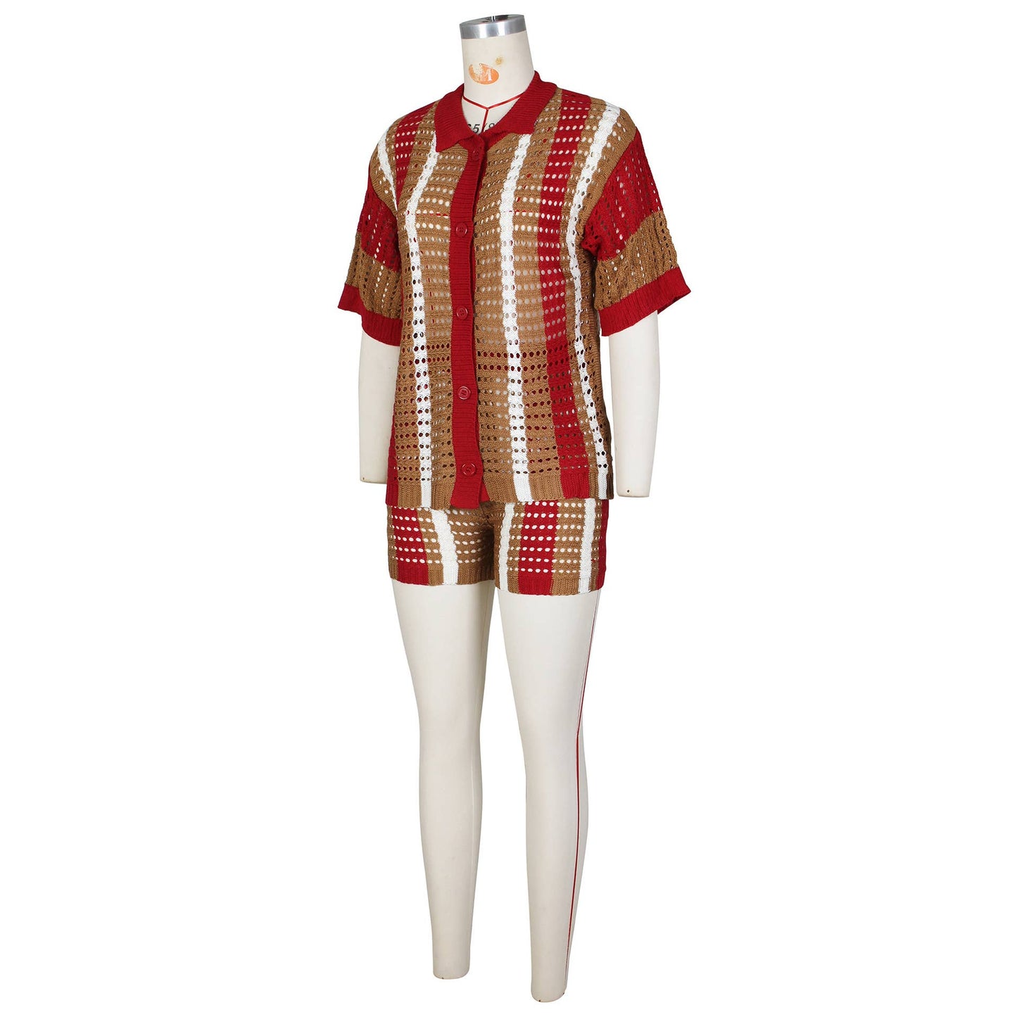 CUT-OUT SEE-THROUGH LAPEL KNIT SHORTS SET