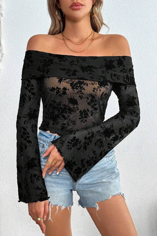 CWTBLL3477_FLOCKED FLORAL OFF-THE-SHOULDER BELL SLEEVE TOP