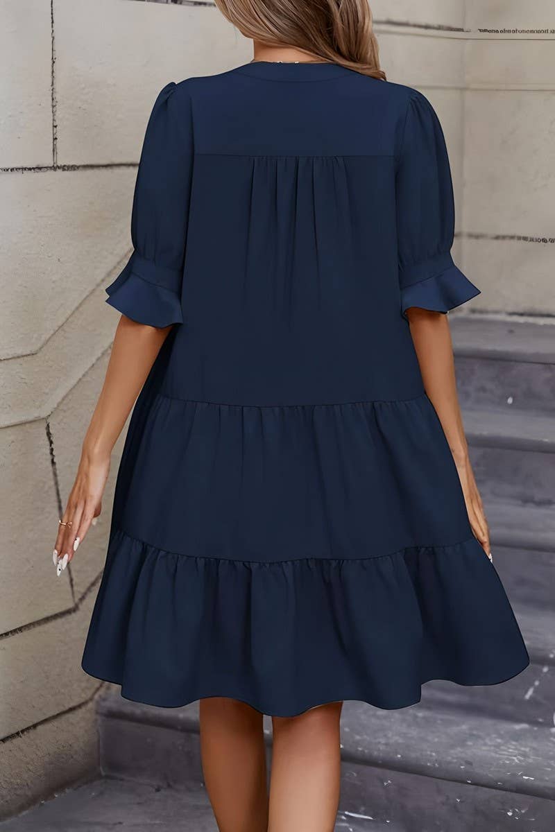 CWDSD10631_FASHIONABLE V-NECK SOLID COLOR LOOSE DRESS