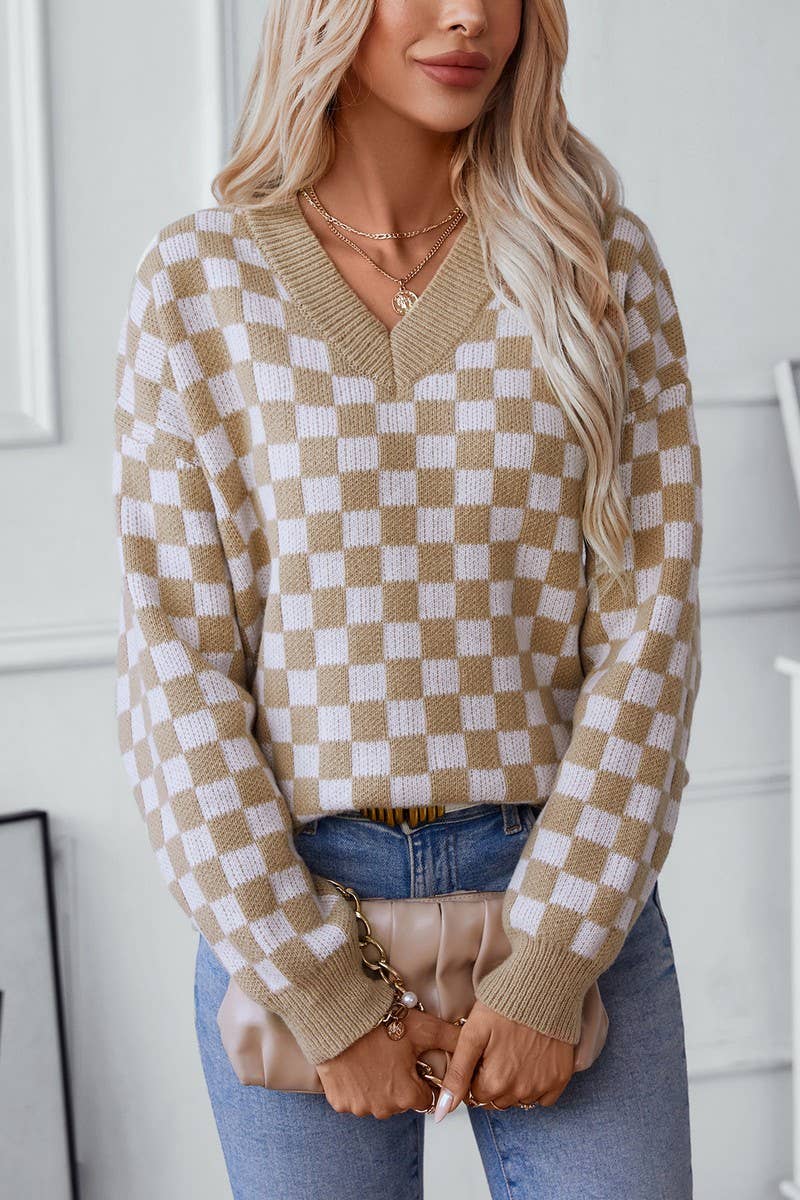 CWOSWL2840_V-NECK CASUAL PULLOVER PLAID KNITTED SWEATER