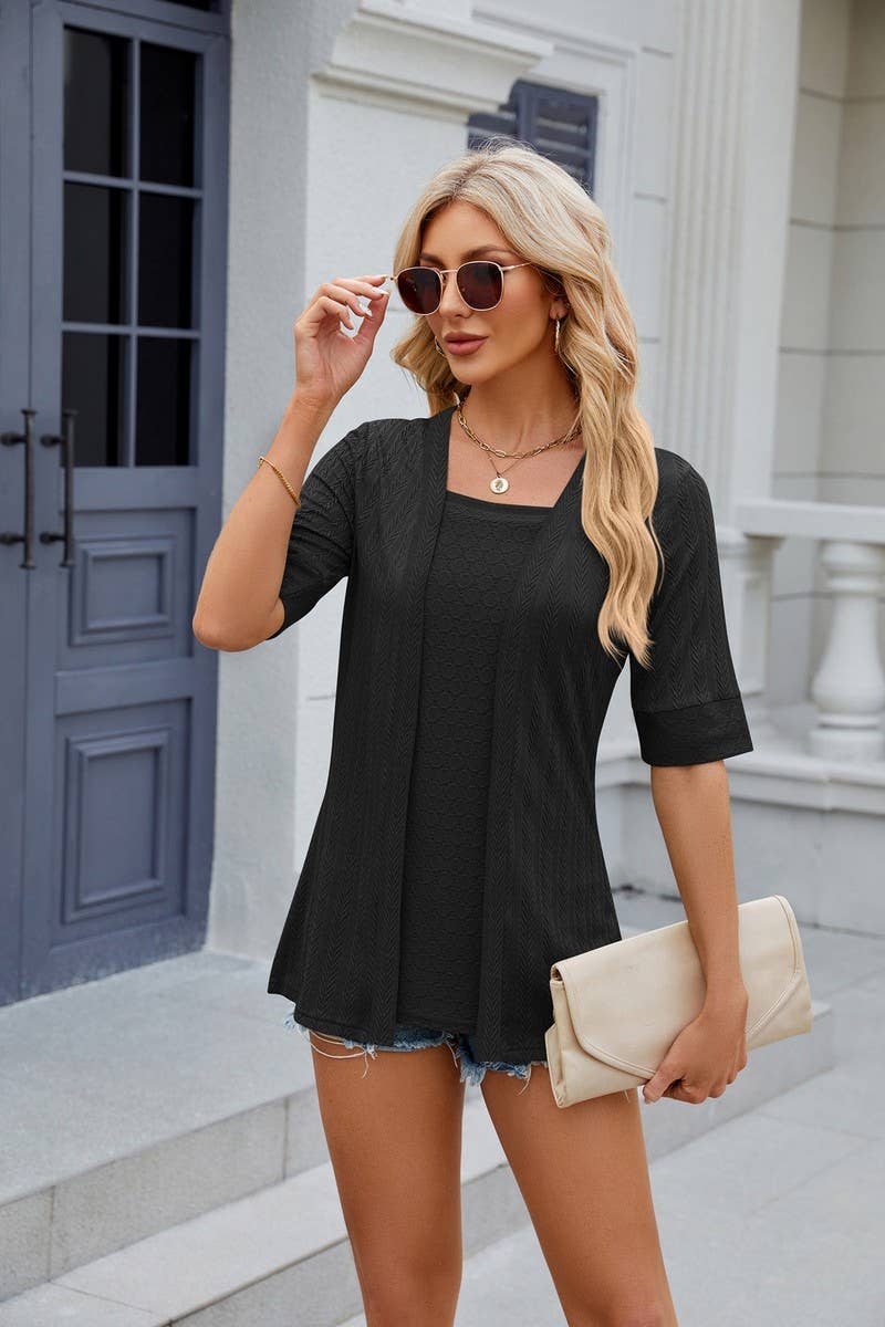 CWTBLS0441_Short Sleeve Tops Fake Two Pieces Pullover Blouse