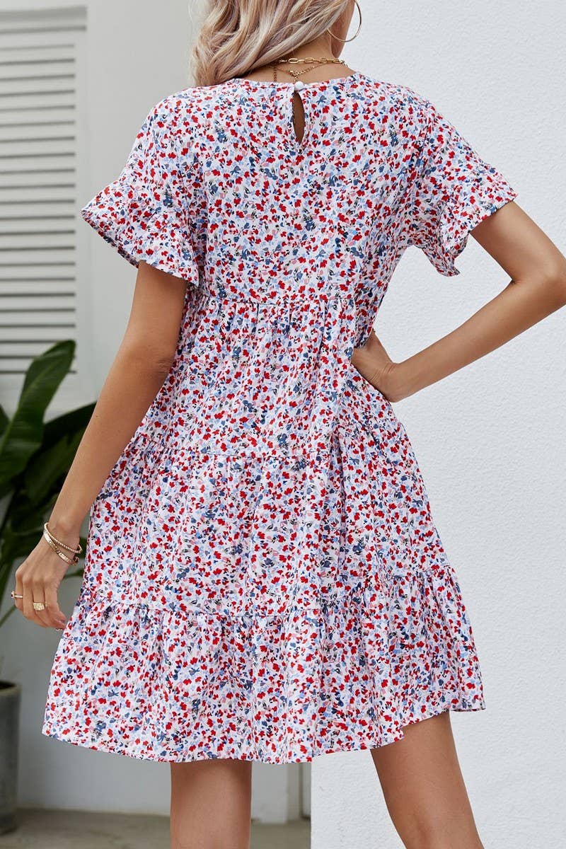 CWDSD2702_Round neck Print Short Sleeve Dress
