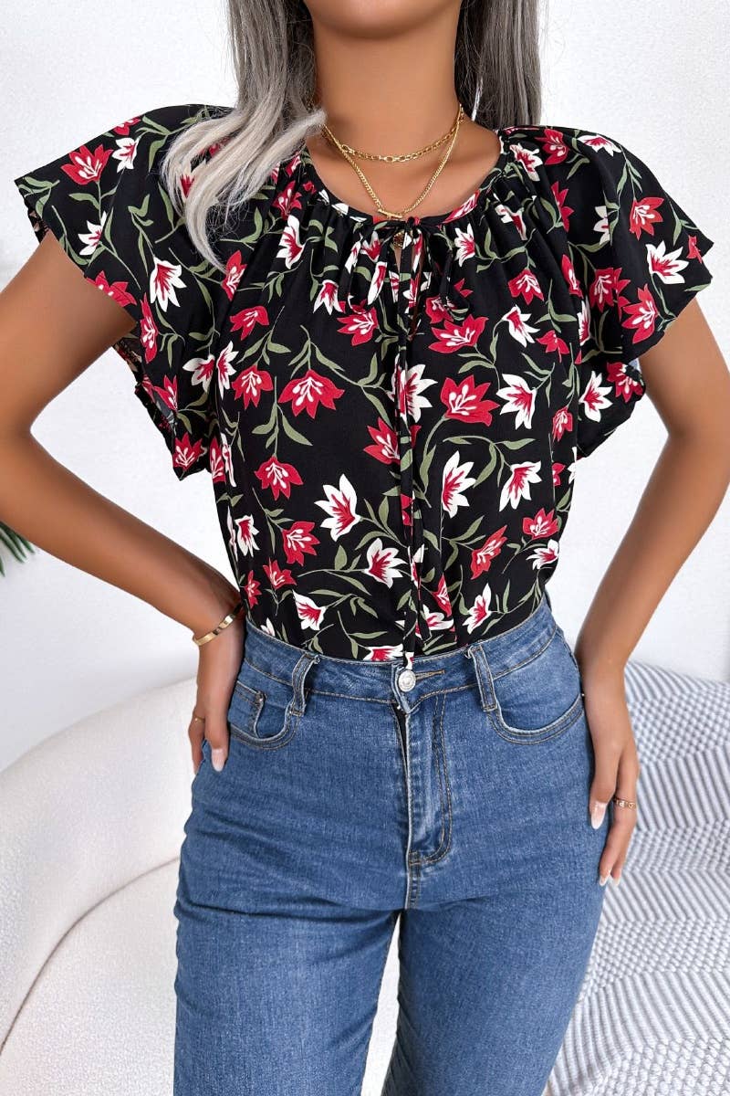 CWOV0302_SUMMER CASUAL LOOSE RUFFLED LACE CHIFFON TOP