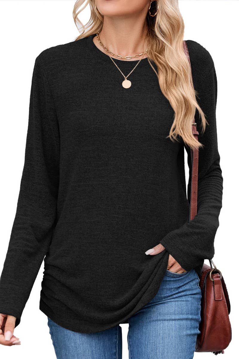 CWTBLL01304_COLORBLOCK RUCHED LONG SLEEVE CASUAL T SHIRT