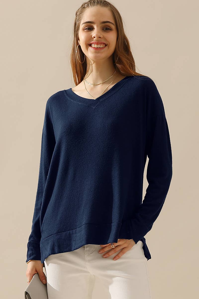 CWTTL1408_Long Sleeve Loose V-Neck Pullover Top