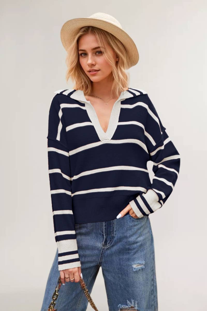 CWOSWL6738_LONG-SLEEVED V-NECK SWEATER WITH LOOSE STRIPES