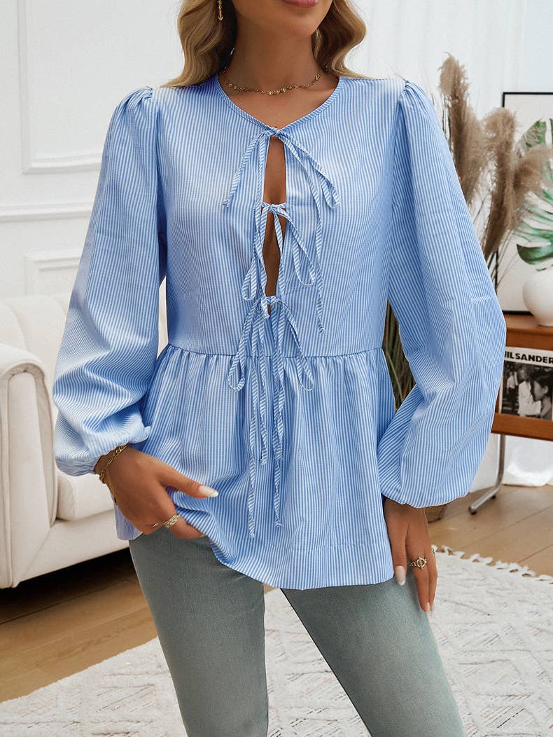 CASUAL LOOSE STRIPED LACE-UP SHIRT