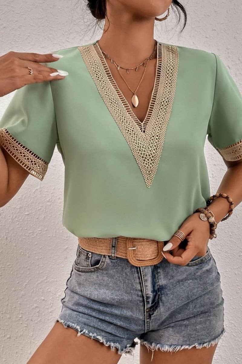 CWTBLS0826_V-NECK LACE CASUAL SOLID COLOR SHIRT