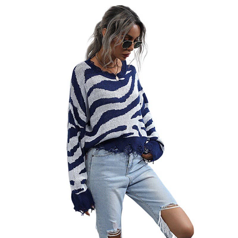 CREW NECK SWEATER STRIPED SHORT STYLE SWEATER