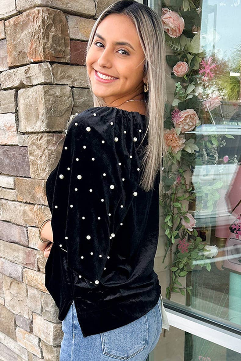 DESIGN BEADED HALF-SLEEVE CREW NECK SWEATER