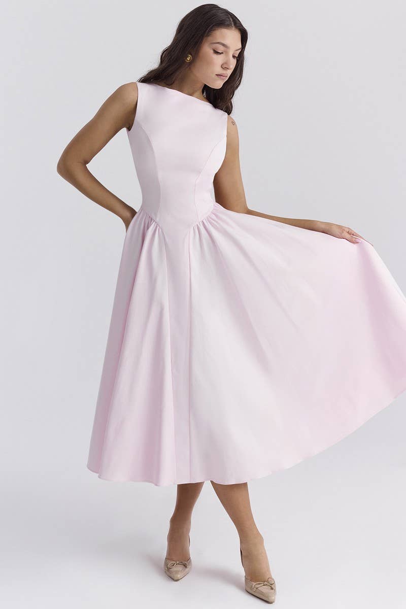 CWDMD6094_SOLID CREW NECK BACKLESS ELEGANT FASHION DRESS