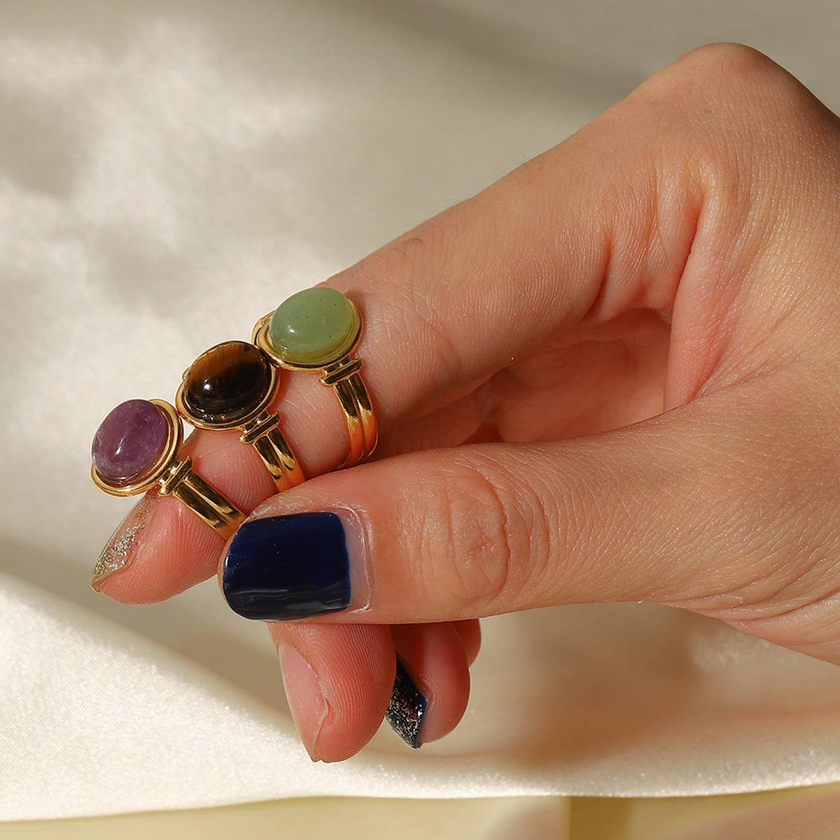 INLAID NATURALSTONE STAINLESS STEEL OPEN RINGS