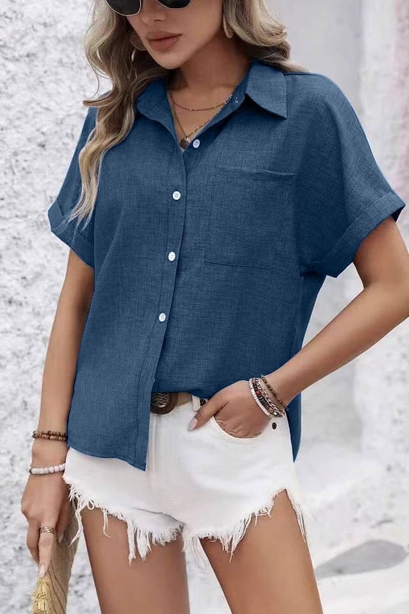 CWTBLS2042_SUMMER LOOSE SHORT SLEEVE POCKET CASUAL SHIRT