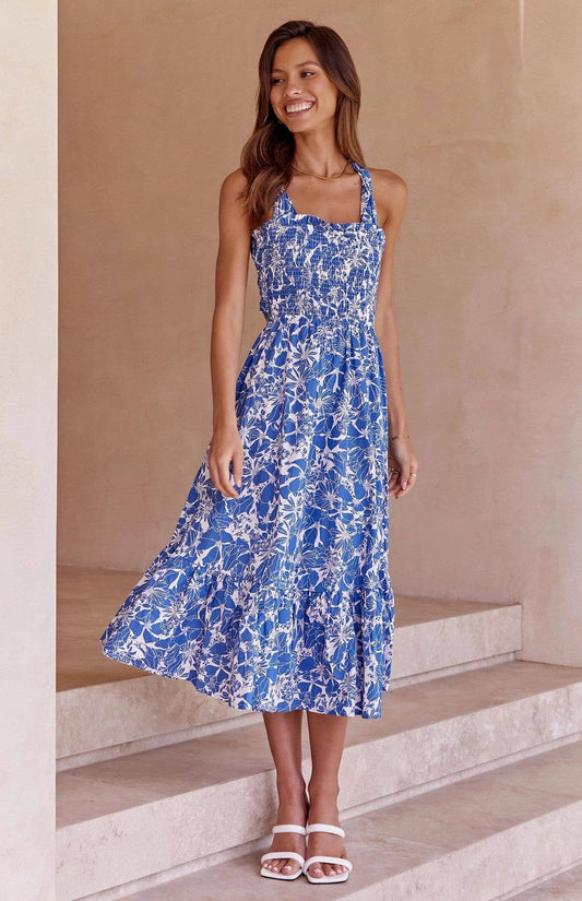 Floral spaghetti-strap backless dress