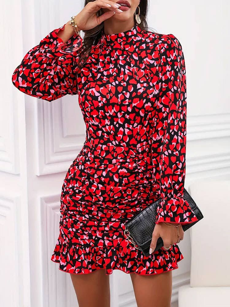 Elegant print pleated design long-sleeved dress