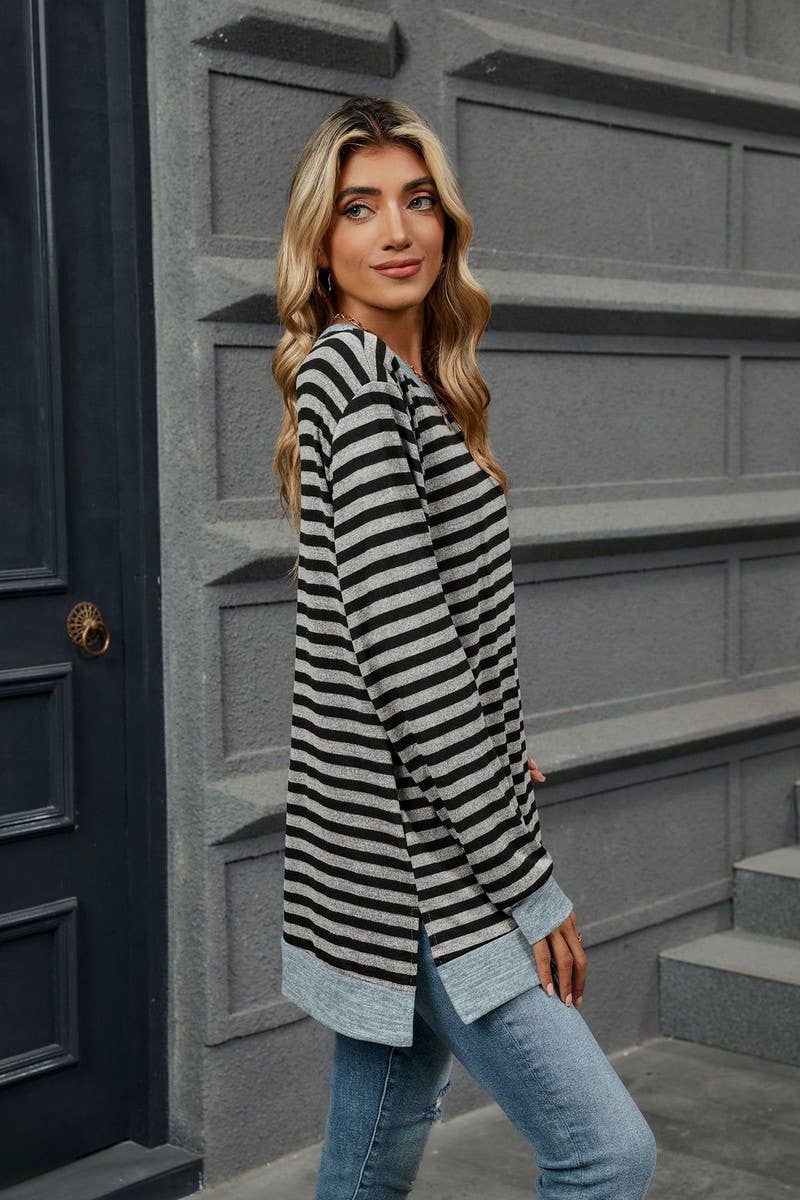 CWTBLL2354_ROUND NECK STRIPED COLORBLOCK LOOSE T-SHIRT TOP
