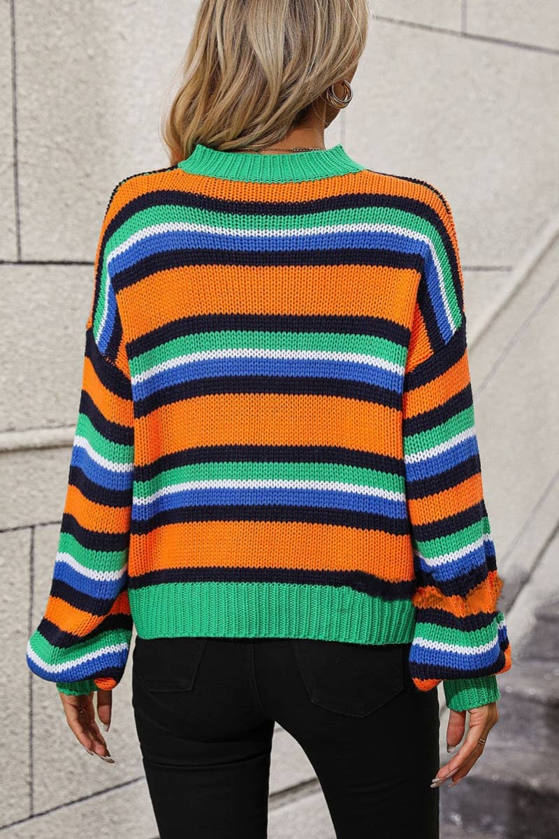 CWOSWL6487_FALL LONG-SLEEVED PATCHWORK STRIPED SWEATER