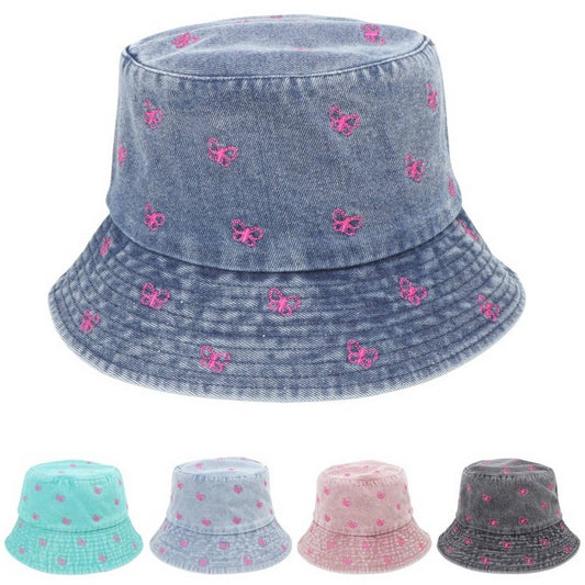 CWAH1520_VINTAGE BUTTERFLY EMBROIDERY DENIM BUCKET HAT